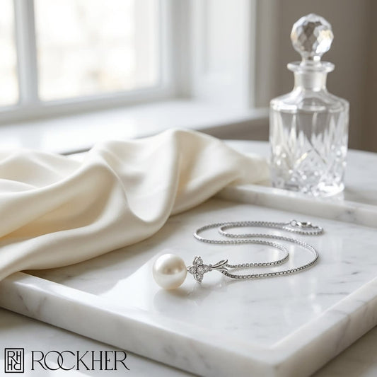 Cultured Pearl Pear Shape Pendant in 14K White Gold, on marble vanity tray with silk