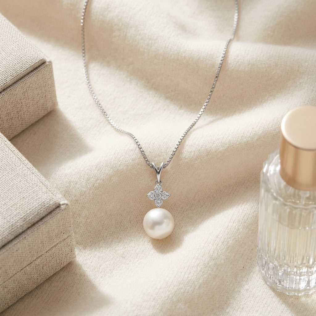 Akoya Pearl & Diamond Pendant 1/7ctw in 14K White Gold - flat lay