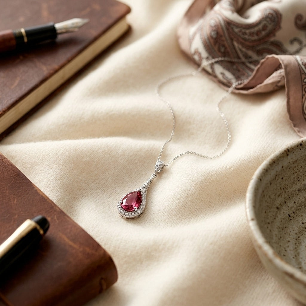 Pink Tourmaline & Diamond Pave Paddle Pendant , 16-Inch Chain in 14K White Gold - flat lay