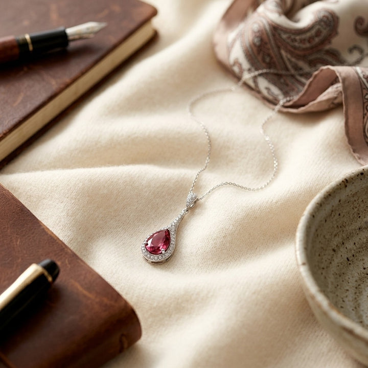 Pink Tourmaline & Diamond Pave Paddle Pendant , 16-Inch Chain in 14K White Gold - flat lay