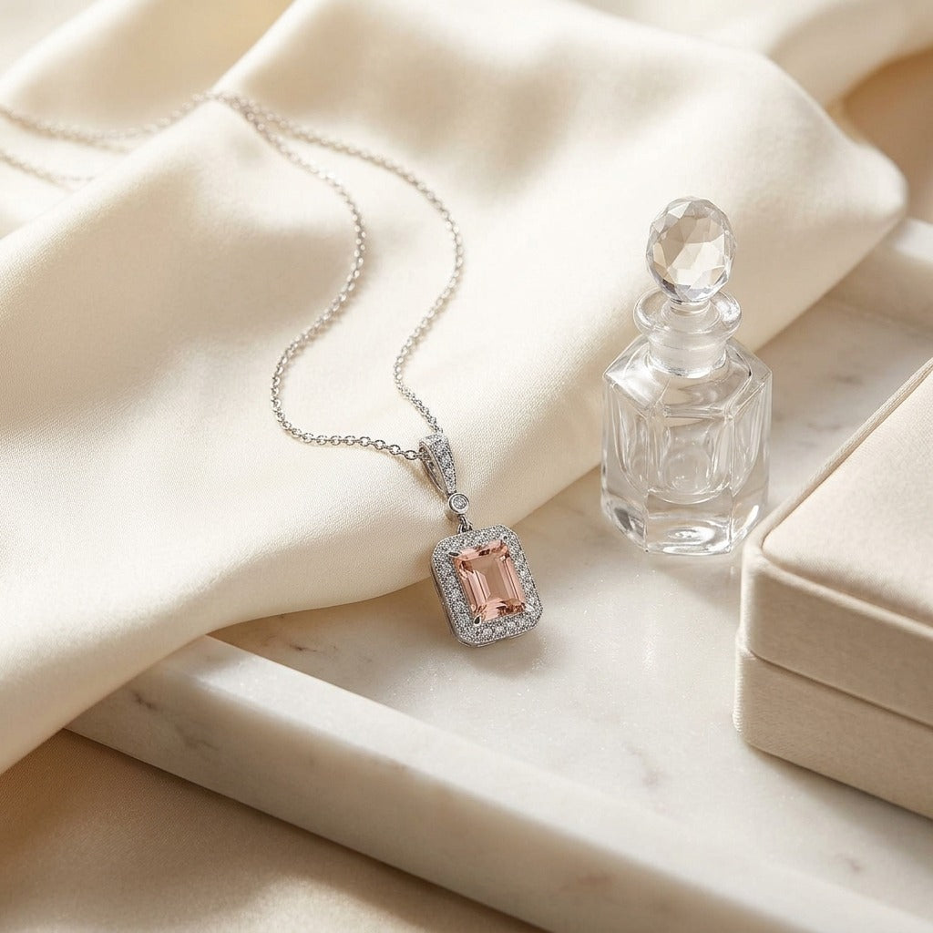 Morganite & Diamond Emerald Cut Halo Dangle Pendant in 14K White Gold - editorial