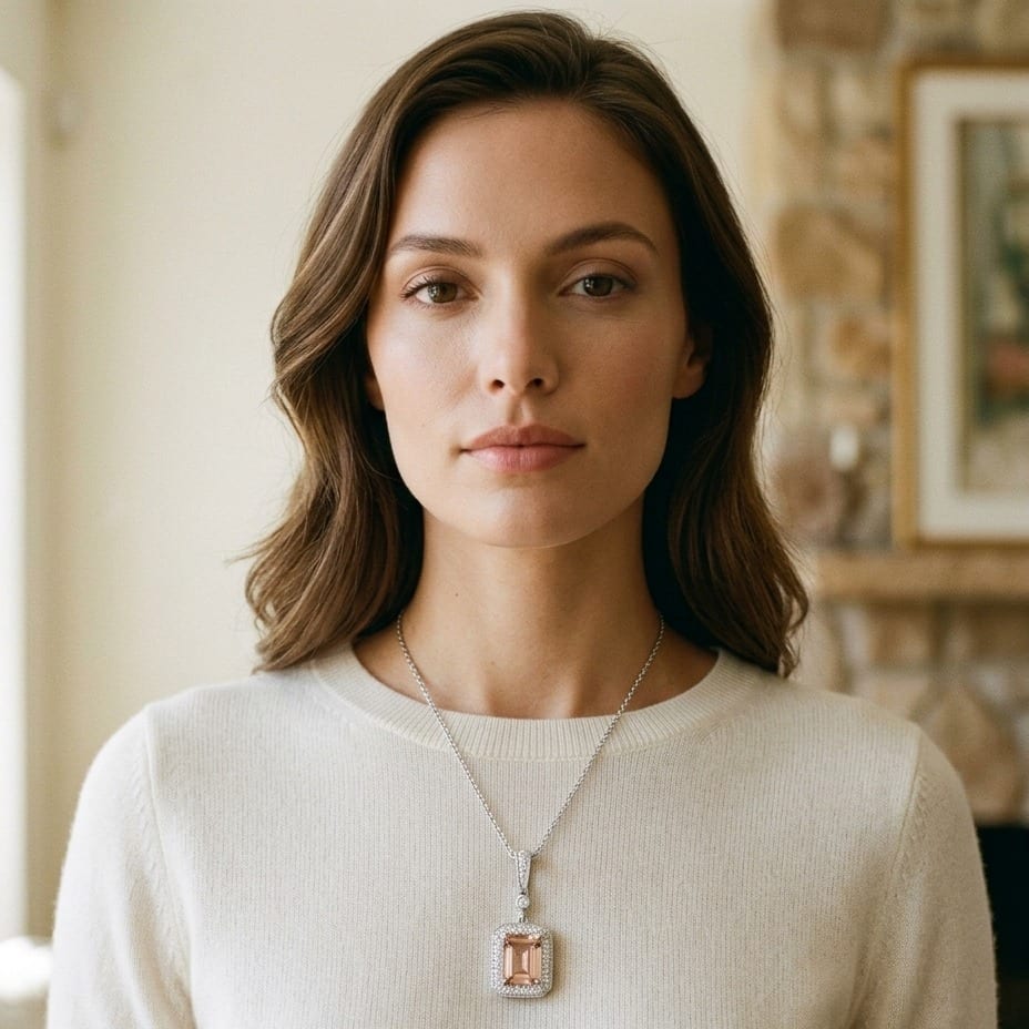 Morganite & Diamond Emerald Cut Halo Dangle Pendant in 14K White Gold - lifestyle