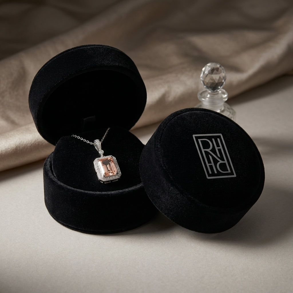 Morganite & Diamond Emerald Cut Halo Dangle Pendant in 14K White Gold - presentation
