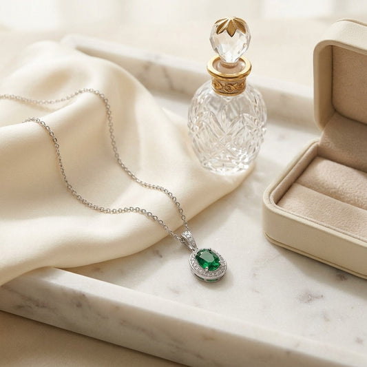 Emerald & Diamond Oval Halo Pendant 16 in Rolo Chain in 14K White Gold - editorial