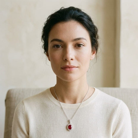 Ruby Oval & Diamond Pendant in 14K White Gold - editorial