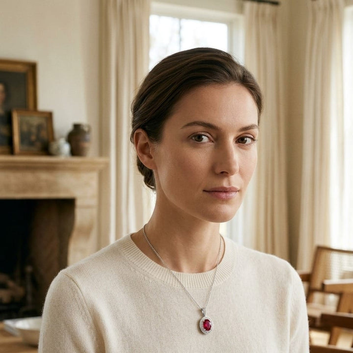 Ruby Oval & Diamond Pendant in 14K White Gold - on model