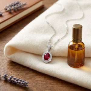 Ruby Oval & Diamond Pendant in 14K White Gold - flat lay