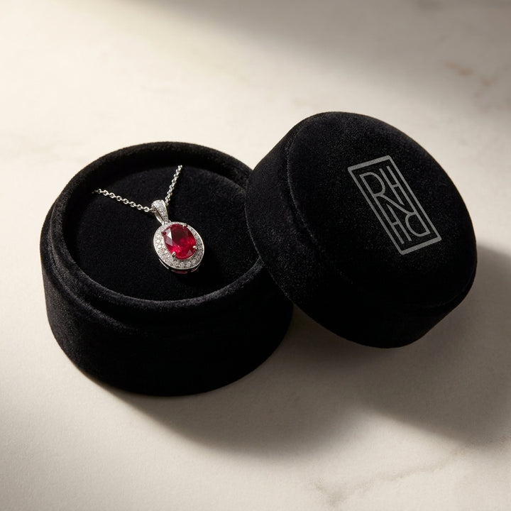 Ruby Oval & Diamond Pendant in 14K White Gold - presentation