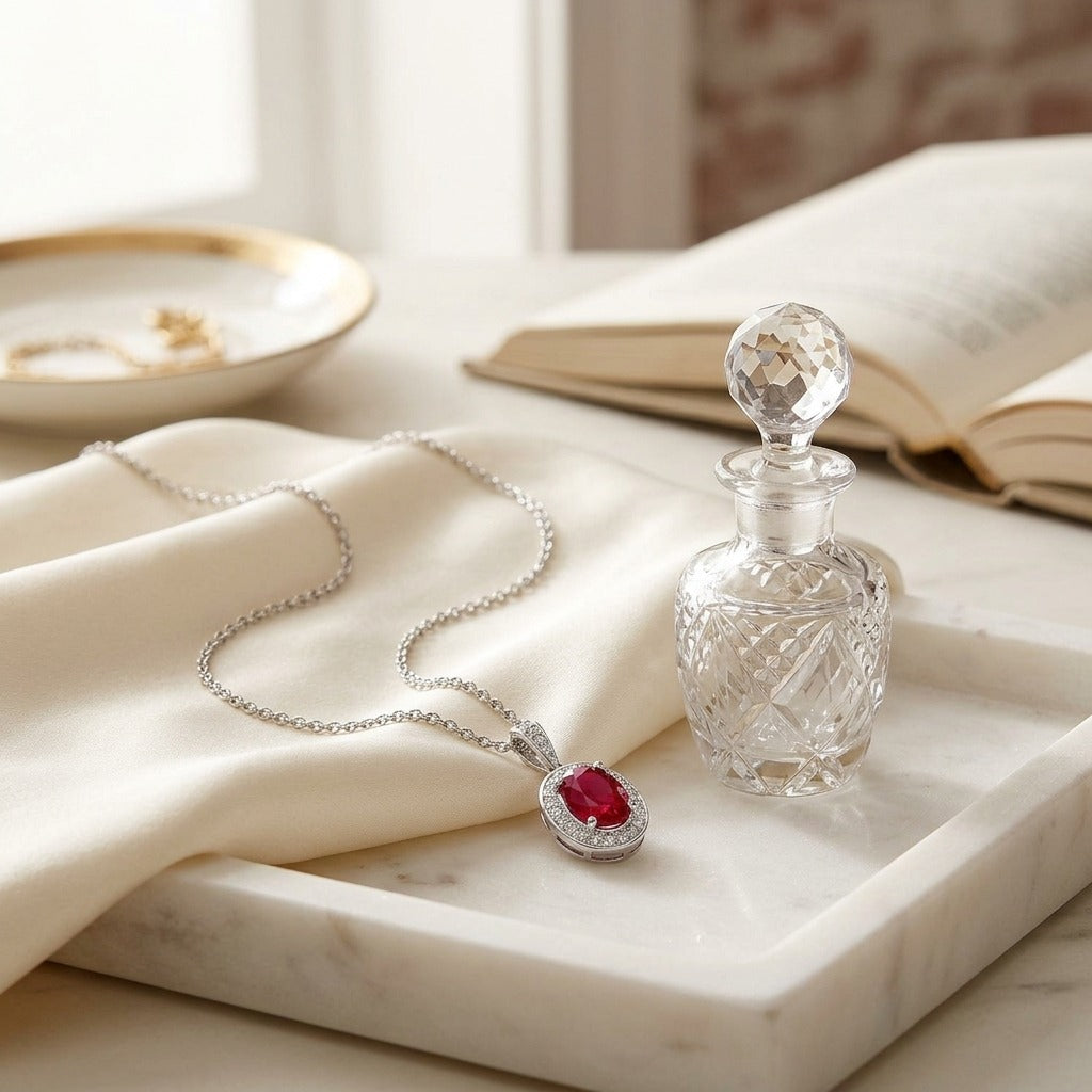 Ruby & Diamond Pendant in 14K White Gold - editorial