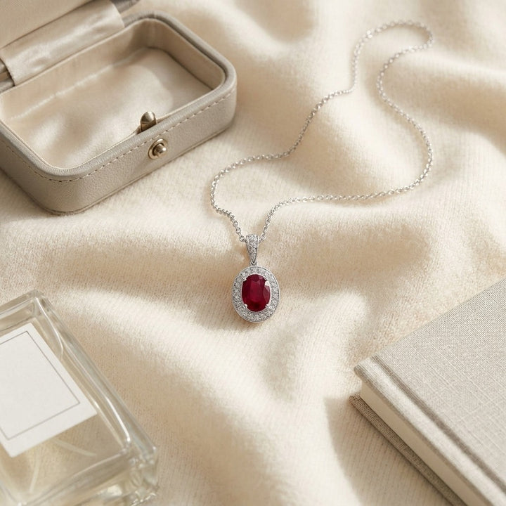 Ruby & Diamond Pendant in 14K White Gold - flat lay