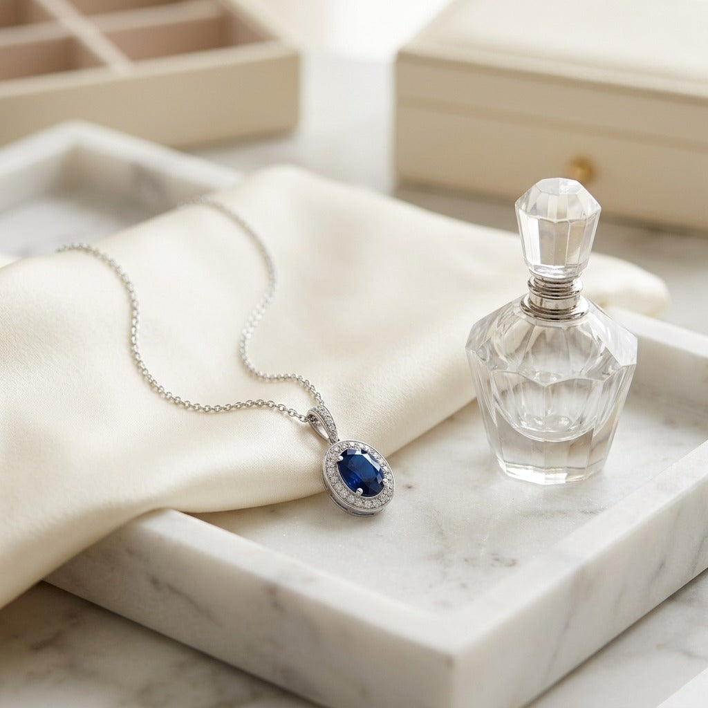 Sapphire & Diamond Pendant in 14K White Gold - editorial