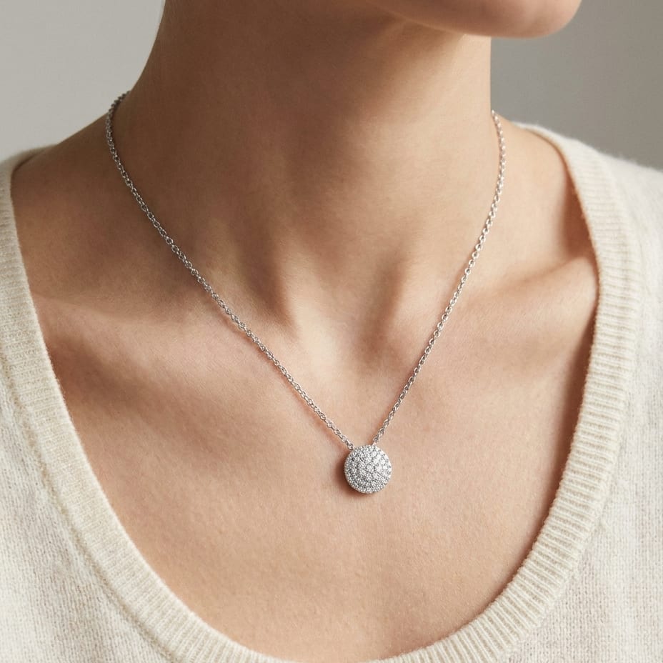 Natural Diamond Round Brilliant Pendant in 14K White Gold, 5 ct. t.w., worn close-up portrait