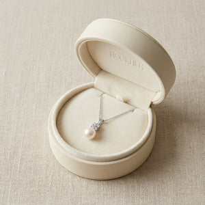 Pearl Pear Shape Pendant in 14K White Gold, in navy velvet jewelry box