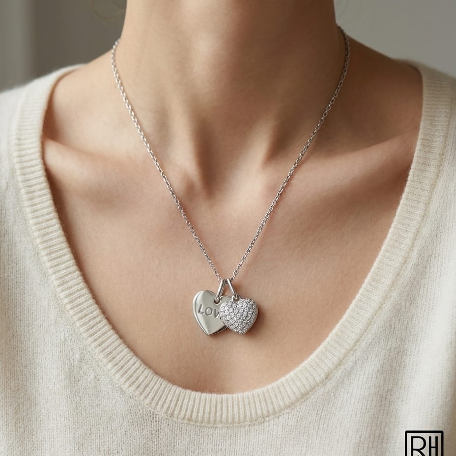 Natural Diamond Heart Shape Pendant in 14K White Gold, worn close-up portrait