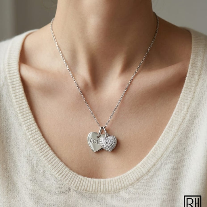 Natural Diamond Heart Shape Pendant in 14K White Gold, worn close-up portrait