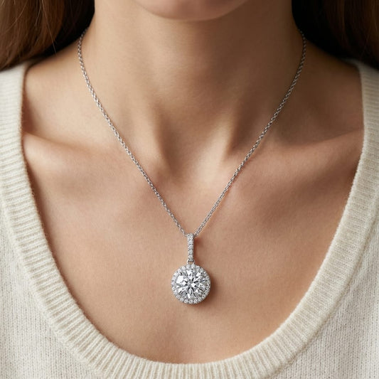Natural Diamond Round Brilliant Halo Pendant in 14K White Gold, 1 ct. t.w., worn close-up portrait