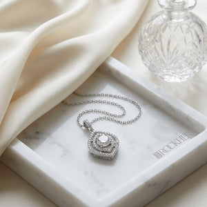 Natural Diamond Marquise Pendant in 14K White Gold, on marble vanity tray with silk