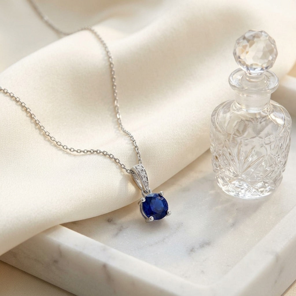 Sapphire Round Solitaire Pendant with Diamond Bail in 14K White Gold - lifestyle