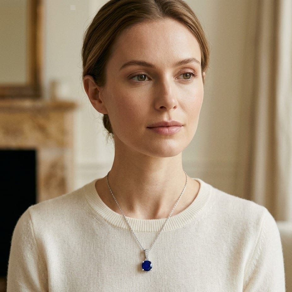 Sapphire Round Solitaire Pendant with Diamond Bail in 14K White Gold - editorial