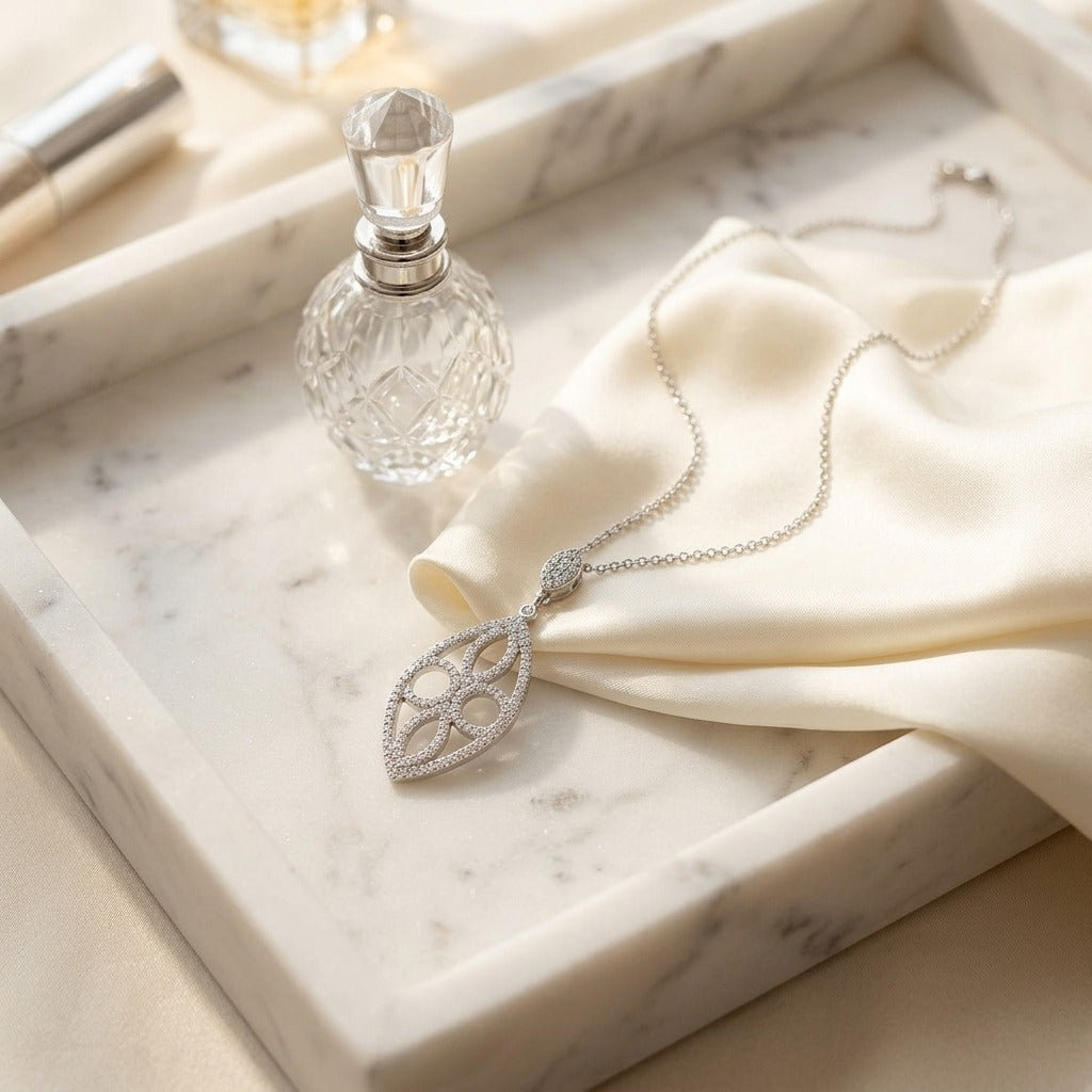 Marquise Shaped Diamond Pave Pendant in 14K White Gold - editorial