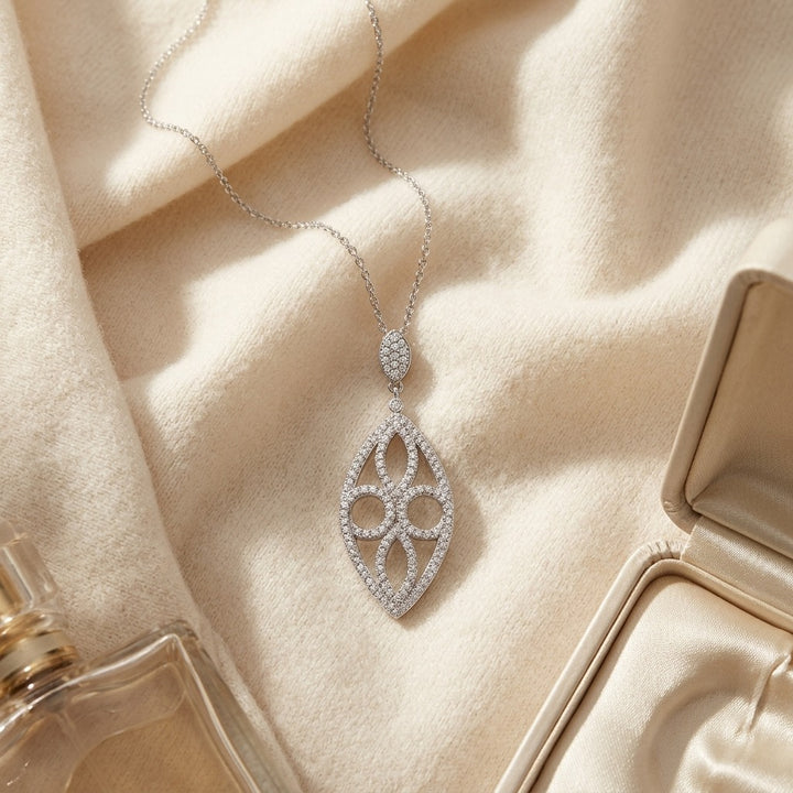 Marquise Shaped Diamond Pave Pendant in 14K White Gold - flat lay