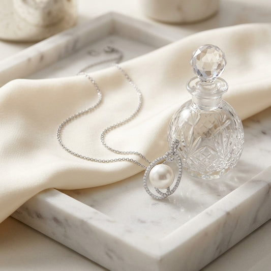 Freshwater Pearl & Diamond Swirl Pendant in 14K White Gold - editorial