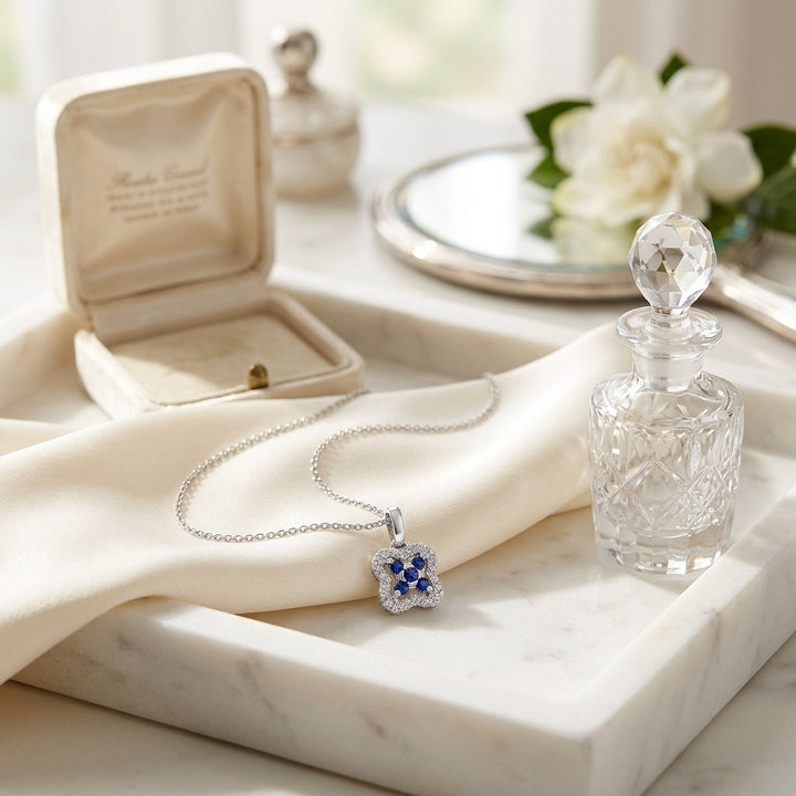 Sapphire & Diamond Floral Petal Pendant in 14K White Gold - lifestyle