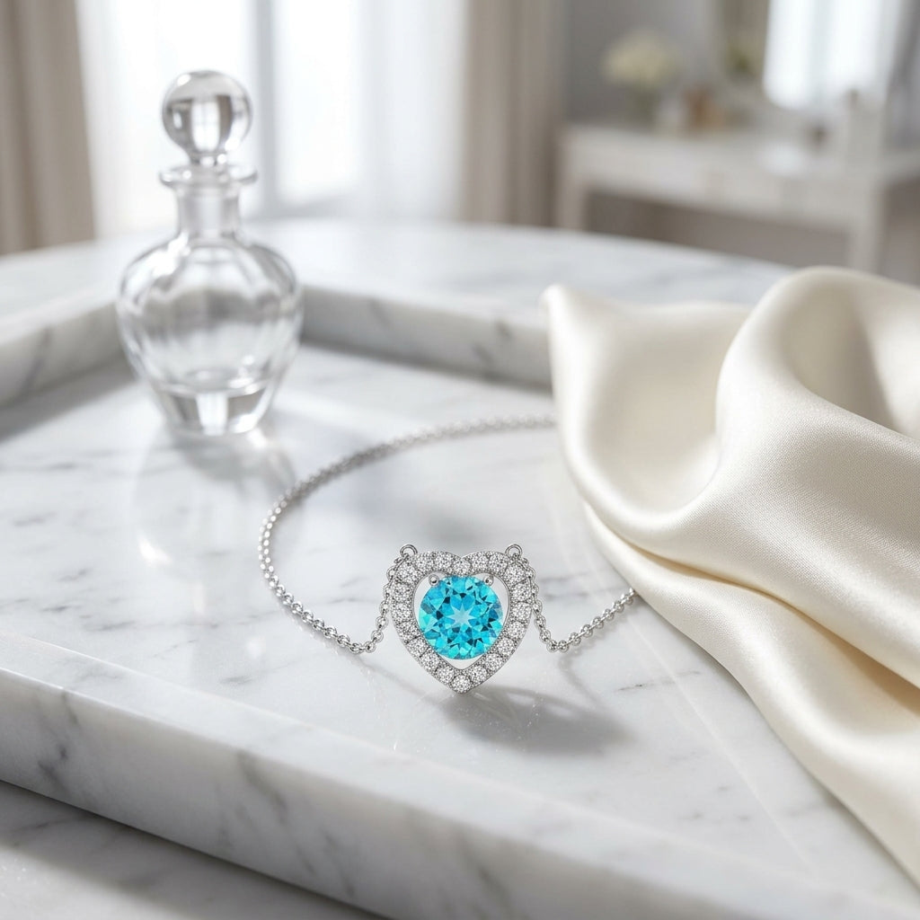Blue Topaz Diamond Heart Frame Pendant in 14K White Gold - editorial