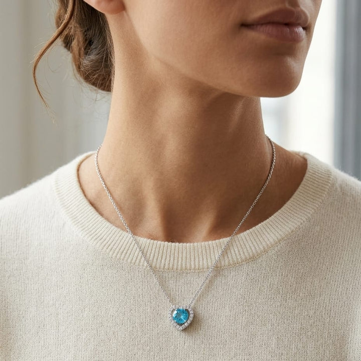 Blue Topaz Diamond Heart Frame Pendant in 14K White Gold - lifestyle