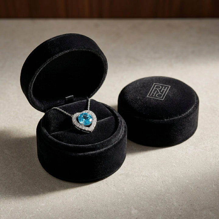Blue Topaz Diamond Heart Frame Pendant in 14K White Gold - presentation