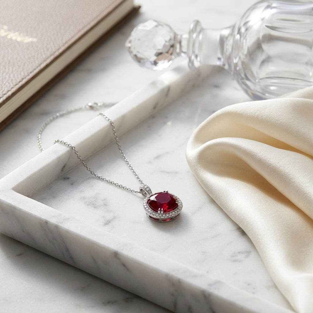 Garnet, Orange Sapphire & Diamond Halo Pendant in 14K White Gold - editorial