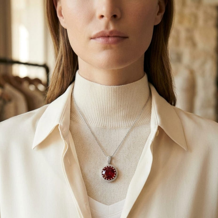 Garnet, Orange Sapphire & Diamond Halo Pendant in 14K White Gold - lifestyle