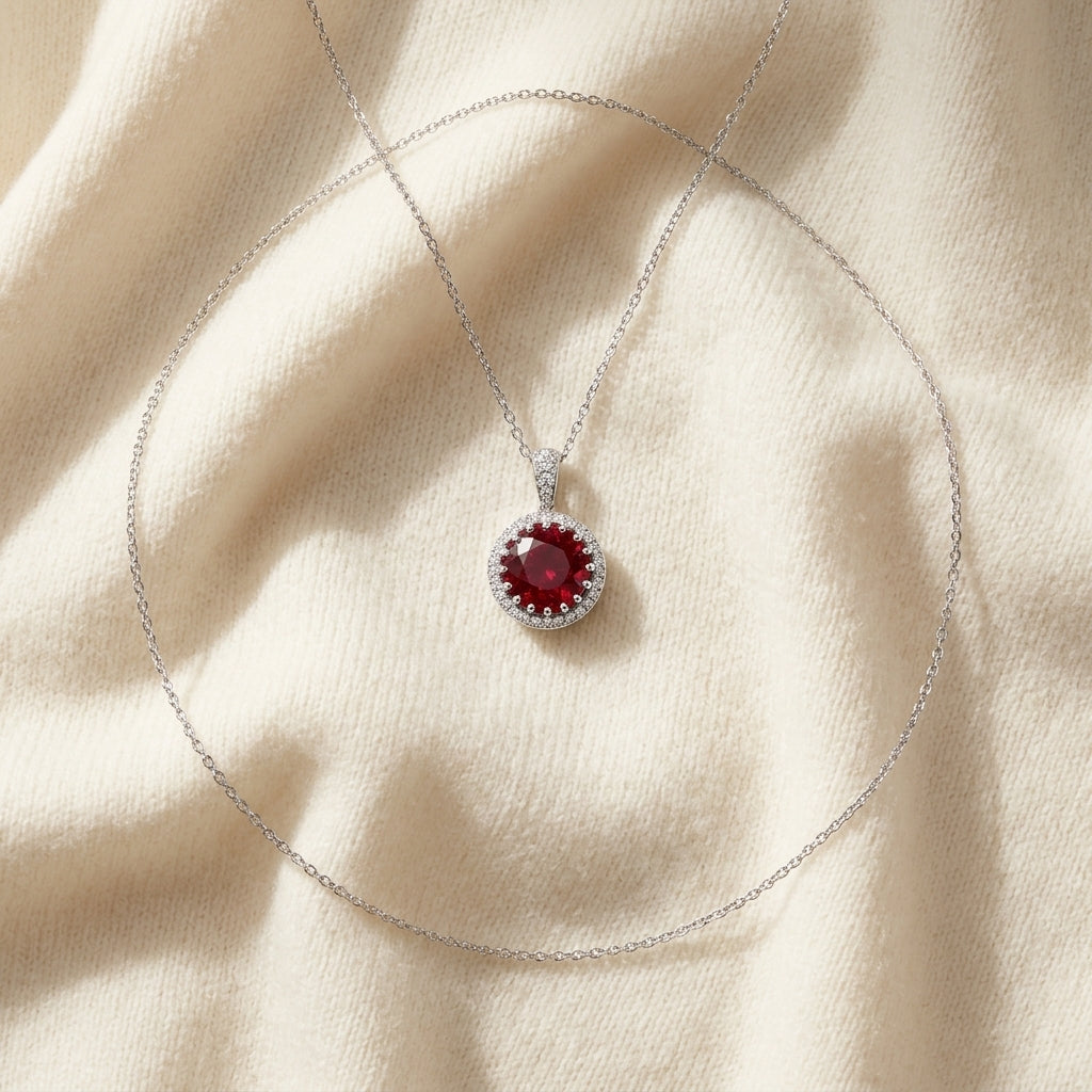 Garnet, Orange Sapphire & Diamond Halo Pendant in 14K White Gold - flat lay