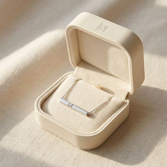 Diamond Bar Necklace in 14K White Gold 0.10ctw, in navy velvet jewelry box