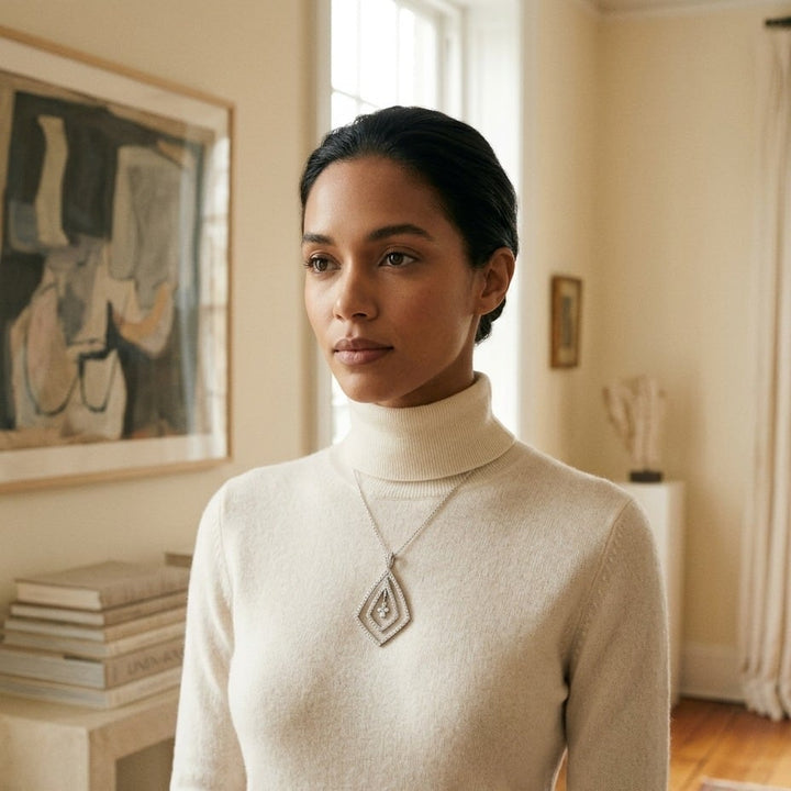 Pave Diamond Pendant in 14K White Gold - on model
