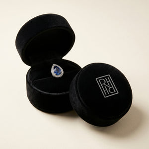 Sapphire & Diamond Teardrop Halo Pendant with Studded Bail in 14K White Gold - presentation