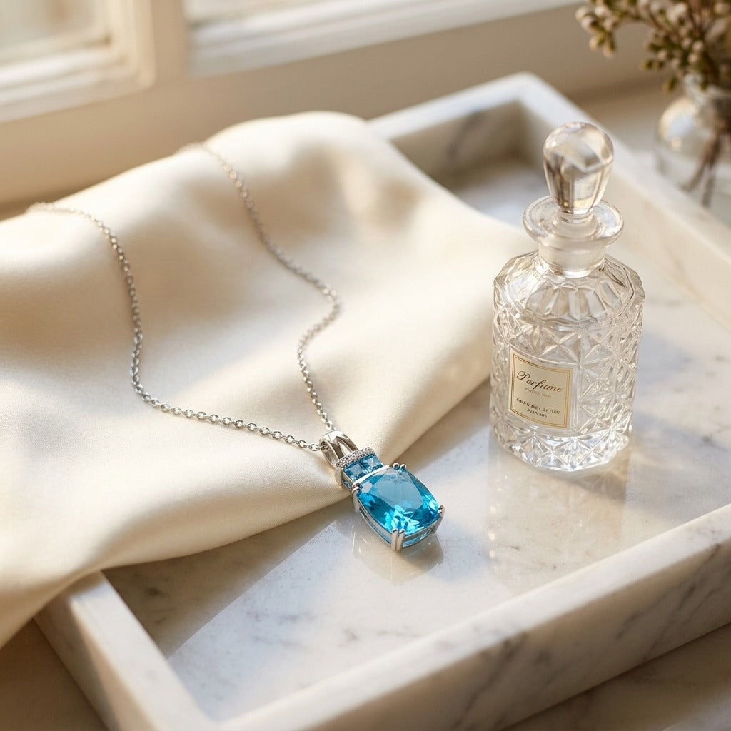 Swiss Blue Topaz & Diamond Pendant with Color-Accent Bail in 14K White Gold - editorial