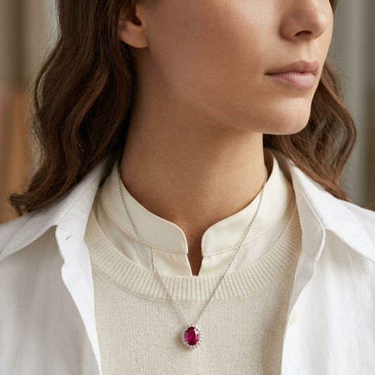 Rhodolite Garnet & Diamond Oval Halo Slide Pendant 18-20in Adjustable Chain in 14K White Gold - editorial