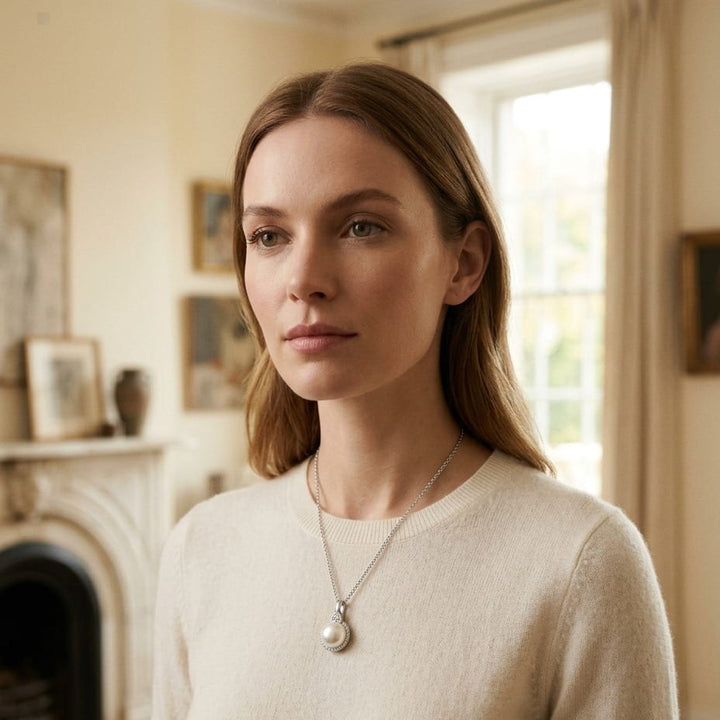 Fresh Water Pearl & Diamond Halo Pendnat in 14K White Gold - on model