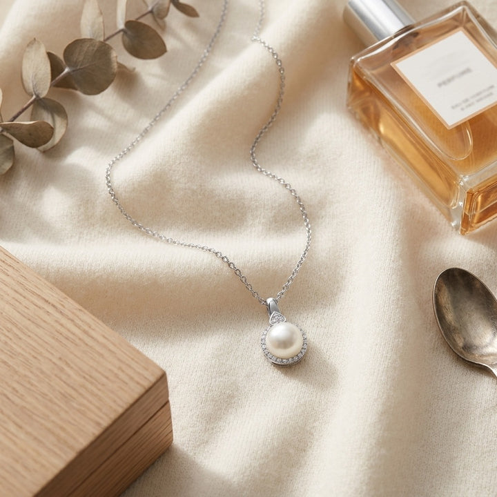 Fresh Water Pearl & Diamond Halo Pendnat in 14K White Gold - flat lay