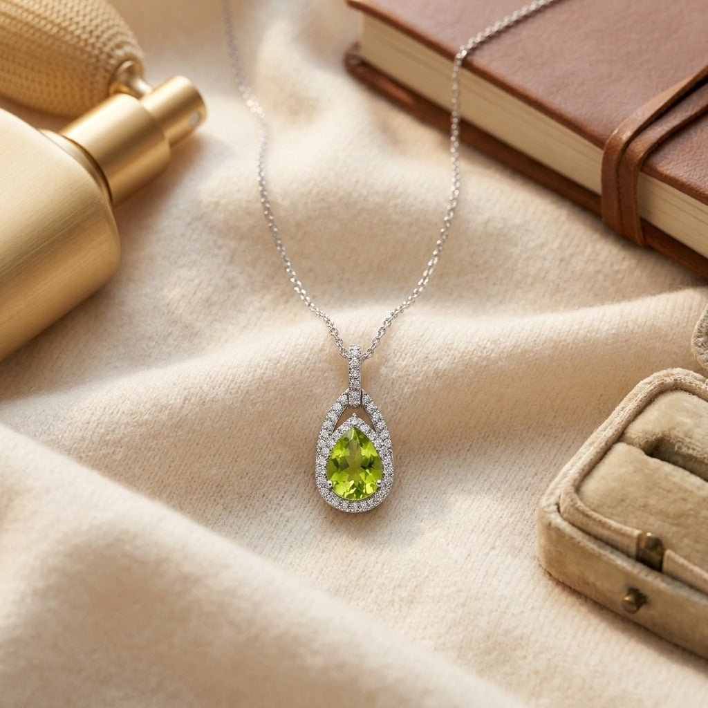 Peridot & Diamond Pendant in 14K White Gold - flat lay