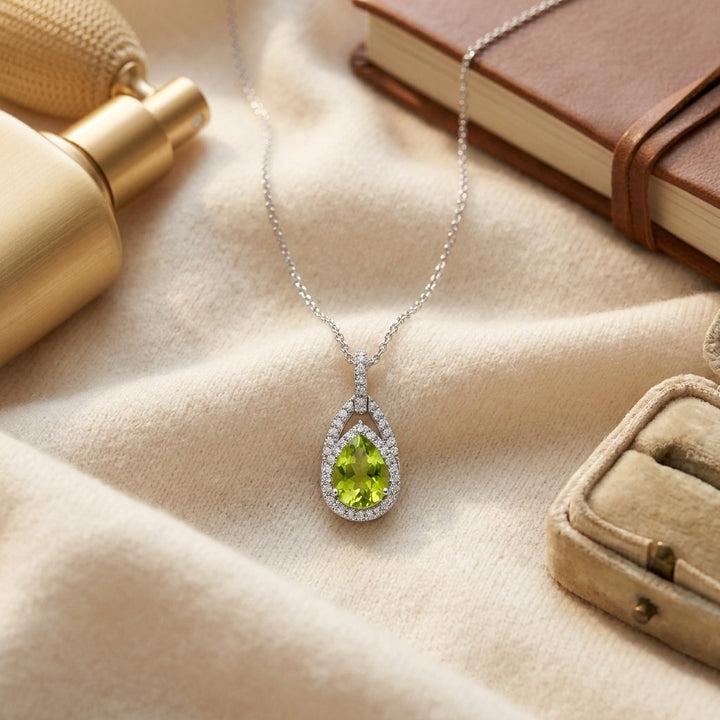 Peridot & Diamond Pendant in 14K White Gold - flat lay