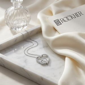Natural Diamond Heart Shape Pendant in 14K White Gold, 3 ct. t.w., on marble vanity tray with silk