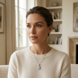 Diamond Oval Halo Dangle Pendant 0.33ctw 18 Inch Curb Chain in 14K White Gold - on model
