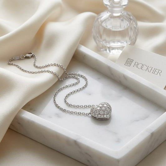 Natural Diamond Heart Shape Pendant in 14K White Gold, 4 ct. t.w., on marble vanity tray with silk