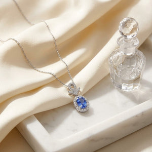 Sapphire Oval & Pave Diamond Halo Pendant in 14K White Gold - lifestyle