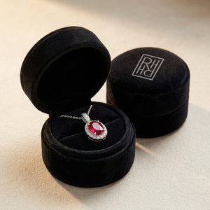 Ruby Oval & Diamond Halo Pendant in 14K White Gold - presentation