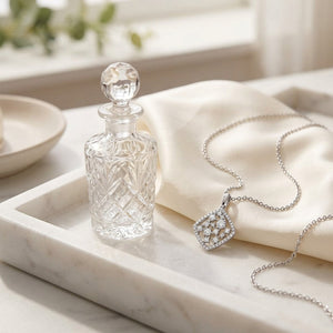 Floating Diamond Round Pendant with Diamond Shaped Border in 14K White Gold - lifestyle