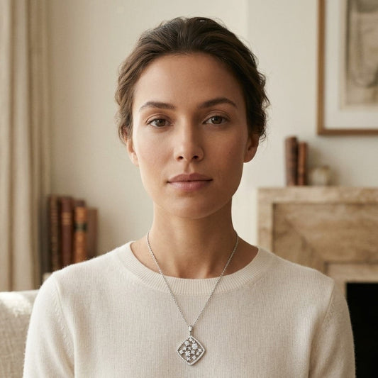 Floating Diamond Round Pendant with Diamond Shaped Border in 14K White Gold - editorial
