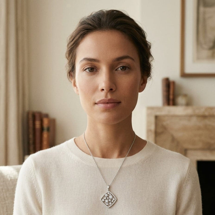 Floating Diamond Round Pendant with Diamond Shaped Border in 14K White Gold - editorial